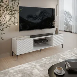 Mobile porta tv 180x54 h cm bianco cannettato obliquo con 2 ante e piedi nero - Emerald