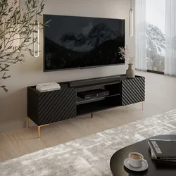 Mobile porta tv 180x54 h cm nero cannettato obliquo con 2 ante e piedi oro - Emerald