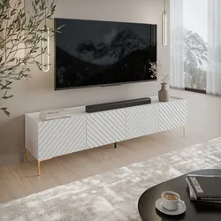 Mobile porta tv 200x54h cm bianco cannettato obliquo con 4 ante e piedi oro - Emerald