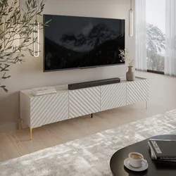 Mobile porta tv 200x54h cm cashmere cannettato obliquo con 4 ante e piedi oro - Emerald