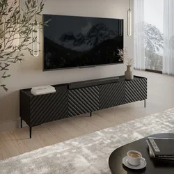Mobile porta tv 200x54h cm nero cannettato obliquo con 4 ante e piedi nero - Emerald