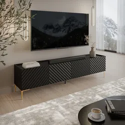 Mobile porta tv 200x54h cm nero cannettato obliquo con 4 ante e piedi oro - Emerald