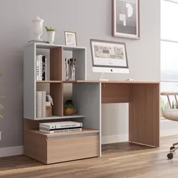Scrivania 145x52 cm legno bianco e rovere con libreria e cassettone - Pretty