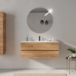 Mobile bagno sospeso 120 cm rovere gold con 2 cassetti e lavabo con specchio - Cuki