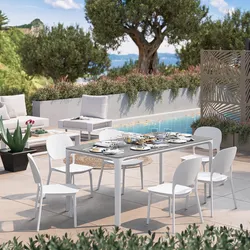 Set pranzo tavolo 180x90 cm top effetto marmo e 6 sedie in polipropilene bianco - Meditheo
