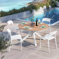 Set pranzo tavolo rotondo 140 cm top effetto legno e 4 sedie impilabili in polipropilene bianco - Paint