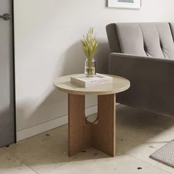 Tavolino rotondo 59 cm in legno naturale e top in marmo avorio - Frons