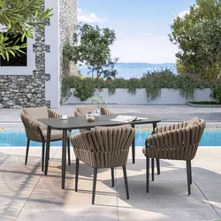 Set pranzo in alluminio antracite con tavolo 160x90 cm e 4 poltrone schienale in corda e cuscini - Kyla
