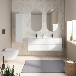 Mobile bagno sospeso 140 cm bianco opaco con 4 cassetti e lavabo doppia vasca con specchio - Cuki