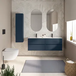 Mobile bagno sospeso 140 cm blu esotico con 4 cassetti e lavabo doppia vasca con specchio - Cuki