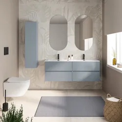Mobile bagno sospeso 140 cm carta da zucchero con 4 cassetti e lavabo doppia vasca con specchio - Cuki
