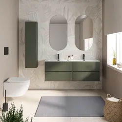 Mobile bagno sospeso 140 cm verde cemento con 4 cassetti e lavabo doppia vasca con specchio - Cuki