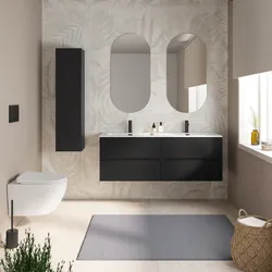 Mobile bagno sospeso 140 cm nero opaco con 4 cassetti e lavabo doppia vasca con specchio - Cuki