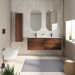Mobile bagno sospeso 140 cm rovere deciso con 4 cassetti e lavabo doppia vasca con specchio - Cuki