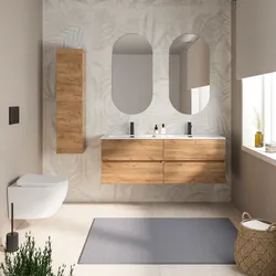 Mobile bagno sospeso 140 cm rovere gold con 4 cassetti e lavabo doppia vasca con specchio - Cuki