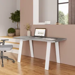 Scrivania 150x70 cm top grigio effetto pietra 38 mm e gambe in metallo bianco - Juls