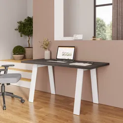 Scrivania 150x70 cm top effetto rovere grigio 38 mm e gambe in metallo bianco - Juls