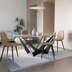 Tavolo da pranzo 180x90 cm con top in ceramica bianco effetto snow e gambe in acciaio nero - Zimen