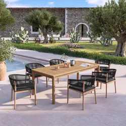 Set pranzo tavolo 210x100 cm con 6 sedie in legno di acacia e corda antracite - Kelda