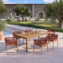Set pranzo tavolo 210x100 cm con 6 sedie in legno di acacia e corda rosso mattone - Kelda