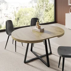 Tavolo da pranzo rotondo allungabile 110-158x110 cm con top rovere nordico e gambe nere - Daina