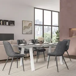 Tavolo da pranzo 180x90 cm top grigio effetto pietra 38 mm e gambe in metallo bianco - Juls