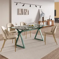 Tavolo da pranzo 180x90 cm piano vetro 10 mm e base in acciaio verde salvia - Masao XL