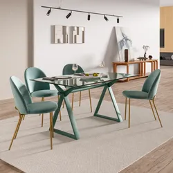 Tavolo da pranzo 150x90 cm piano vetro 10 mm e base in acciaio verde salvia - Masao