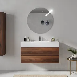 Mobile bagno sospeso 120 cm rovere deciso 2 cassetti con lavabo in resina a specchio - Cuki