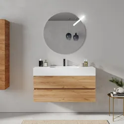 Mobile bagno sospeso 120 cm rovere gold 2 cassetti con lavabo in resina a specchio - Cuki