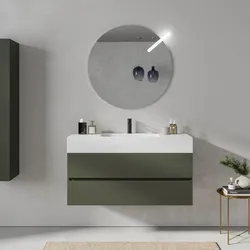 Mobile bagno sospeso 120 cm verde cemento 2 cassetti con lavabo in resina a specchio - Cuki