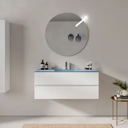 Mobile bagno sospeso 120 cm bianco opaco 2 cassetti con lavabo in vetro blu opaco e specchio - Cuki