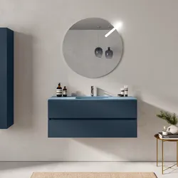 Mobile bagno sospeso 120 cm blu esotico 2 cassetti con lavabo in vetro blu opaco e specchio - Cuki