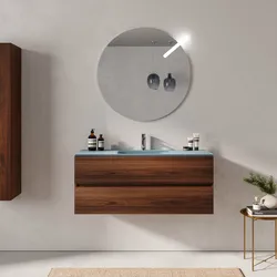 Mobile bagno sospeso 120 cm rovere deciso 2 cassetti con lavabo in vetro blu opaco e specchio - Cuki
