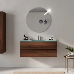 Mobile bagno sospeso 120 cm rovere deciso con lavabo in vetro verde oltremare e specchio - Cuki