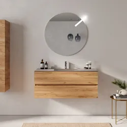 Mobile bagno sospeso 120 cm rovere gold 2 cassetti con lavabo in vetro marrone kodiak e specchio - Cuki