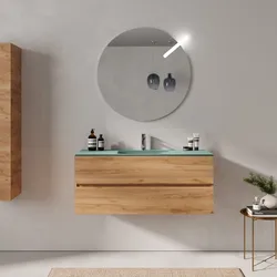 Mobile bagno sospeso 120 cm rovere gold con lavabo in vetro verde oltremare e specchio - Cuki