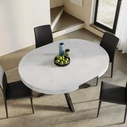 Tavolo rotondo allungabile 120-160x120 cm top bianco cemento con gambe in metallo nero - Barker