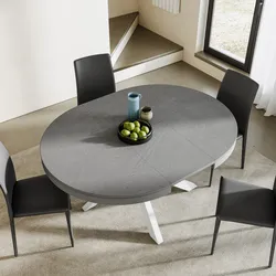 Tavolo rotondo allungabile 120-160x120 cm top grigio cemento con gambe in metallo bianco - Barker