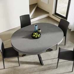 Tavolo rotondo allungabile 120-160x120 cm top grigio cemento con gambe in metallo nero - Barker