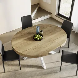 Tavolo rotondo allungabile 120-160x120 cm top quercia con gambe in metallo bianco - Barker