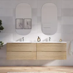 Mobile bagno sospeso 160 cm con cassetti rovere chiaro e specchio - Nosybe