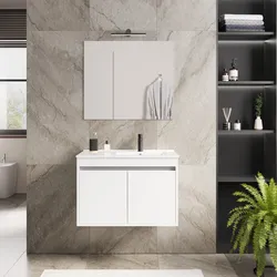 Mobile bagno sospeso 80 cm bianco opaco con ante e lavabo dx con specchio - Dedalo