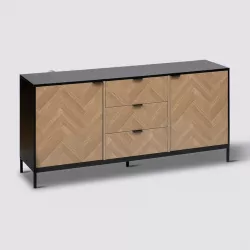 Credenza 160x40 cm in acciaio nero con ante e cassetti in legno effetto parquet - Blacky