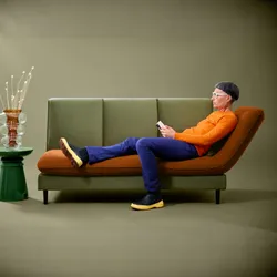 Divano 3 posti in velluto verde e tessuto terracotta con cuscino