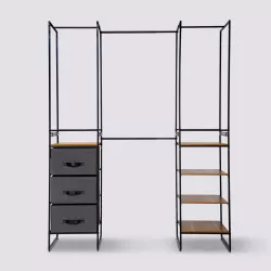 Armadio modulare 180x45x198h in metallo nero con 3 cassetti e ripiani effetto legno