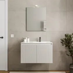 Mobile bagno sospeso 80 cm bianco opaco cannettato con lavabo dx e specchio - Nerk