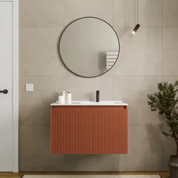 Mobile bagno sospeso 80 cm terracotta cannettato con lavabo dx e specchio - Nerk