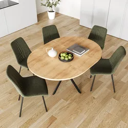 Tavolo rotondo allungabile 110-150x110 cm con top rovere chiaro e gambe in metallo nero - Nagly