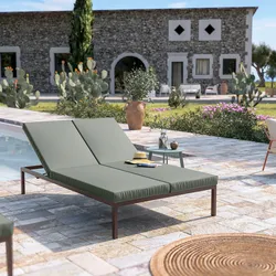 Lettino prendisole 2 posti con schienale reclinabile in alluminio marrone e cuscino verde salvia - Elitian